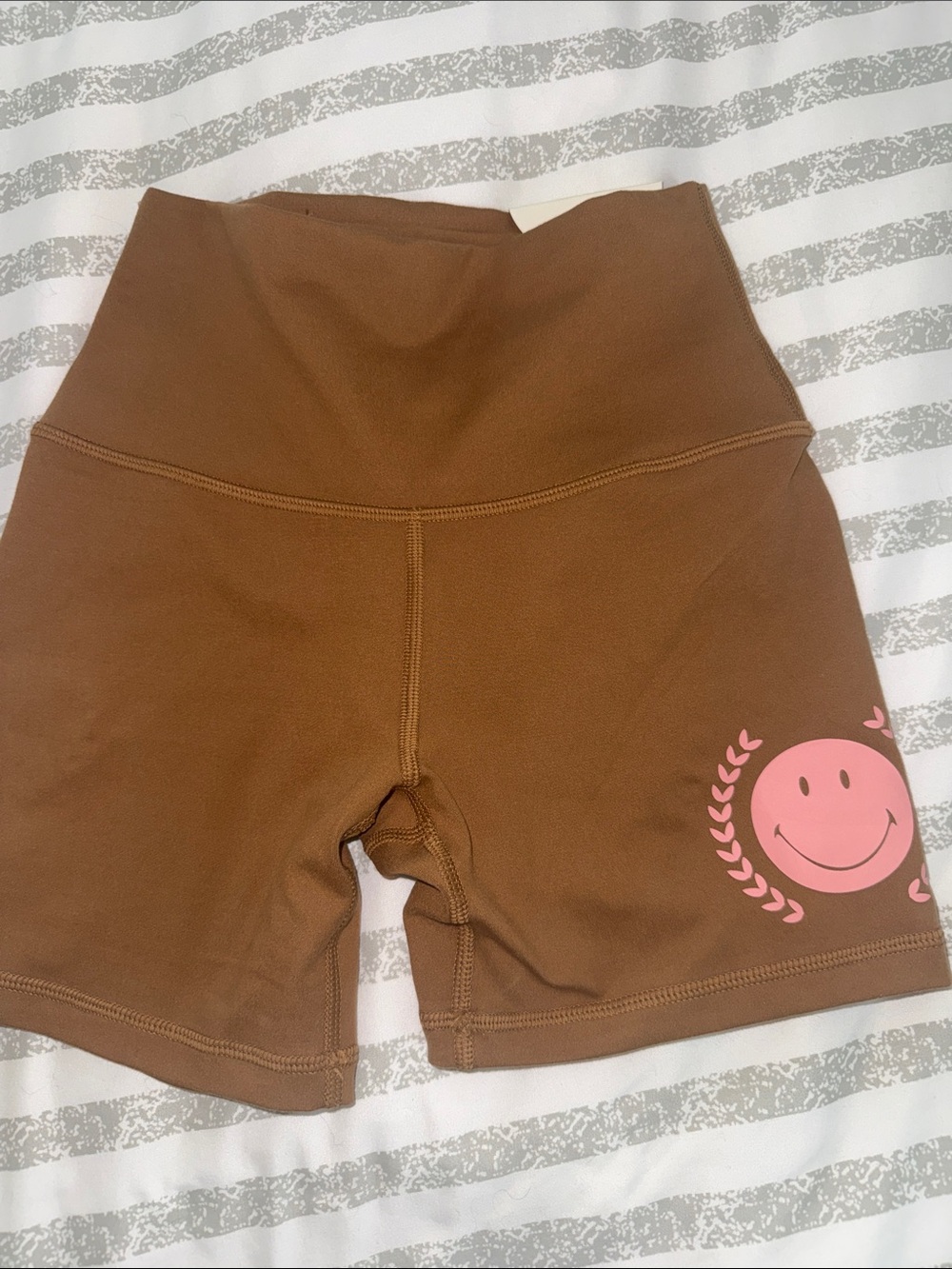 aerie Brown High-Rise Bike Shorts with Pink Smiley Graphic